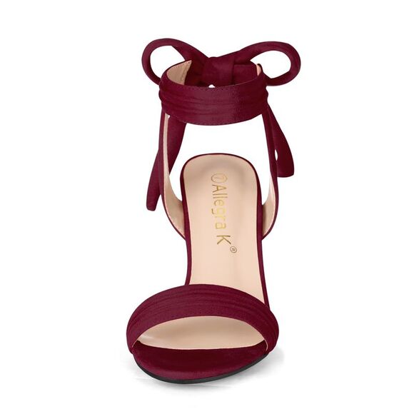 Women's Open Toe Ankle Tie Back Chunky Heel Burgundy Sandals - Picture 2 of 6